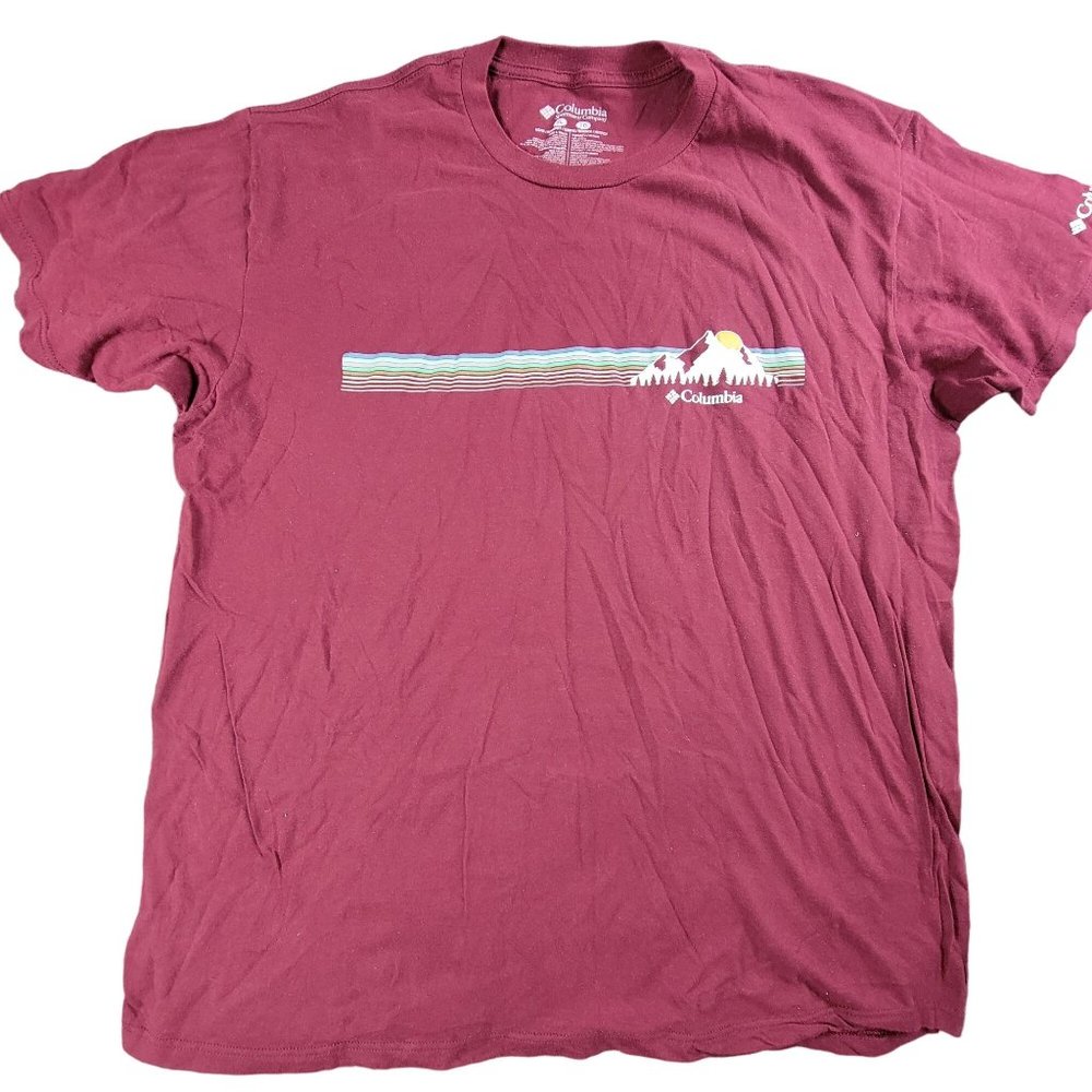Columbia Mens XL Dark Red Logo Graphic Tshirt Sunset Mountain Short Sleeve